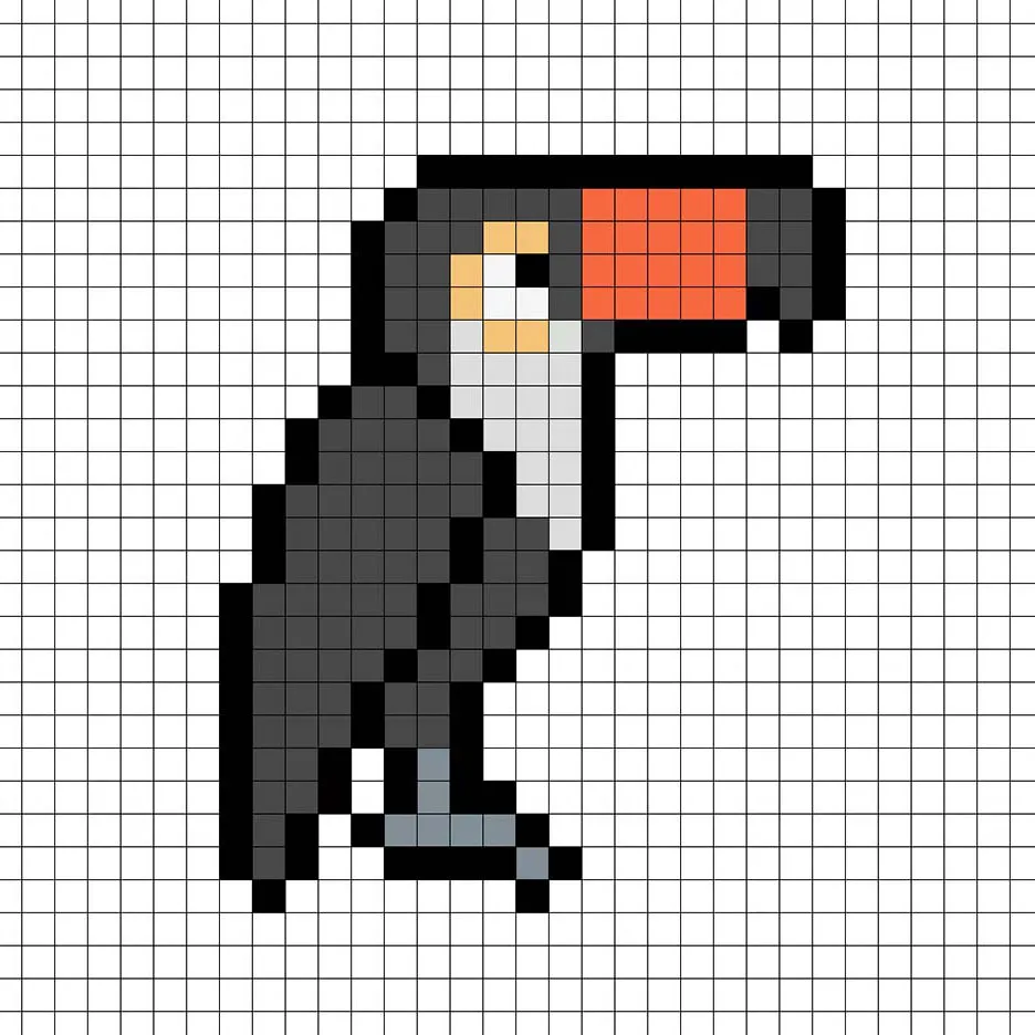 Tucán en pixel art simple con colores sólidos