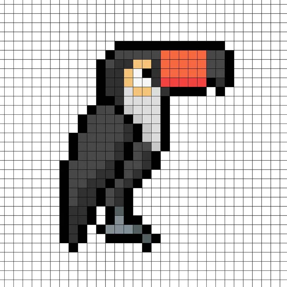 Tucán en pixel art de 32x32 píxeles con sombras para dar profundidad a el tucán.