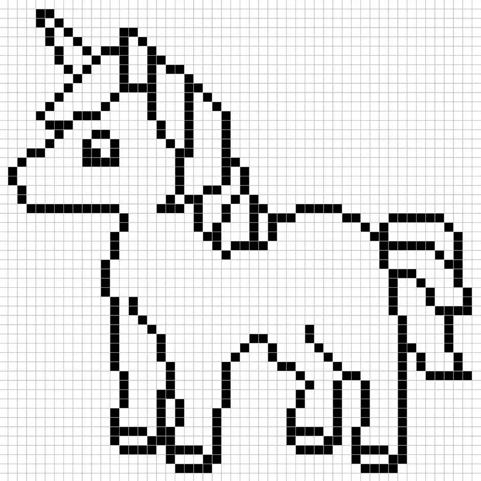 Contorno de la cuadrícula del unicornio en pixel art similar a una hoja de cálculo