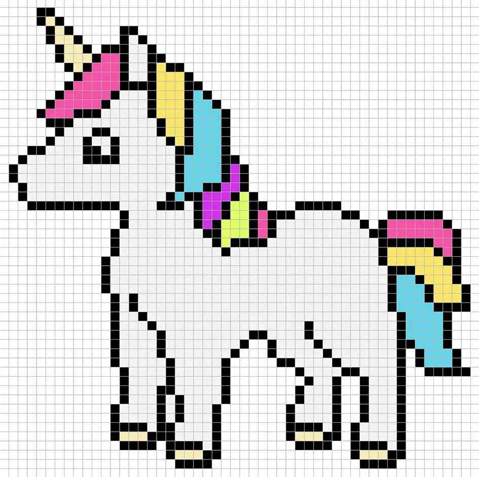 Unicornio simple en pixel art con colores sólidos