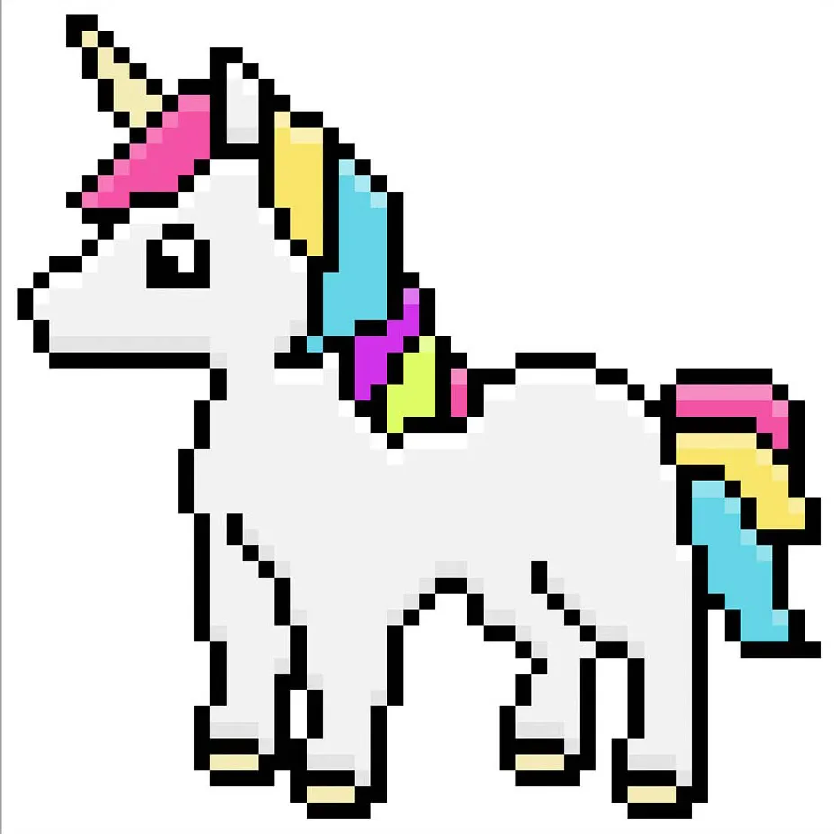 Unicornio kawaii en pixel art sobre fondo transparente