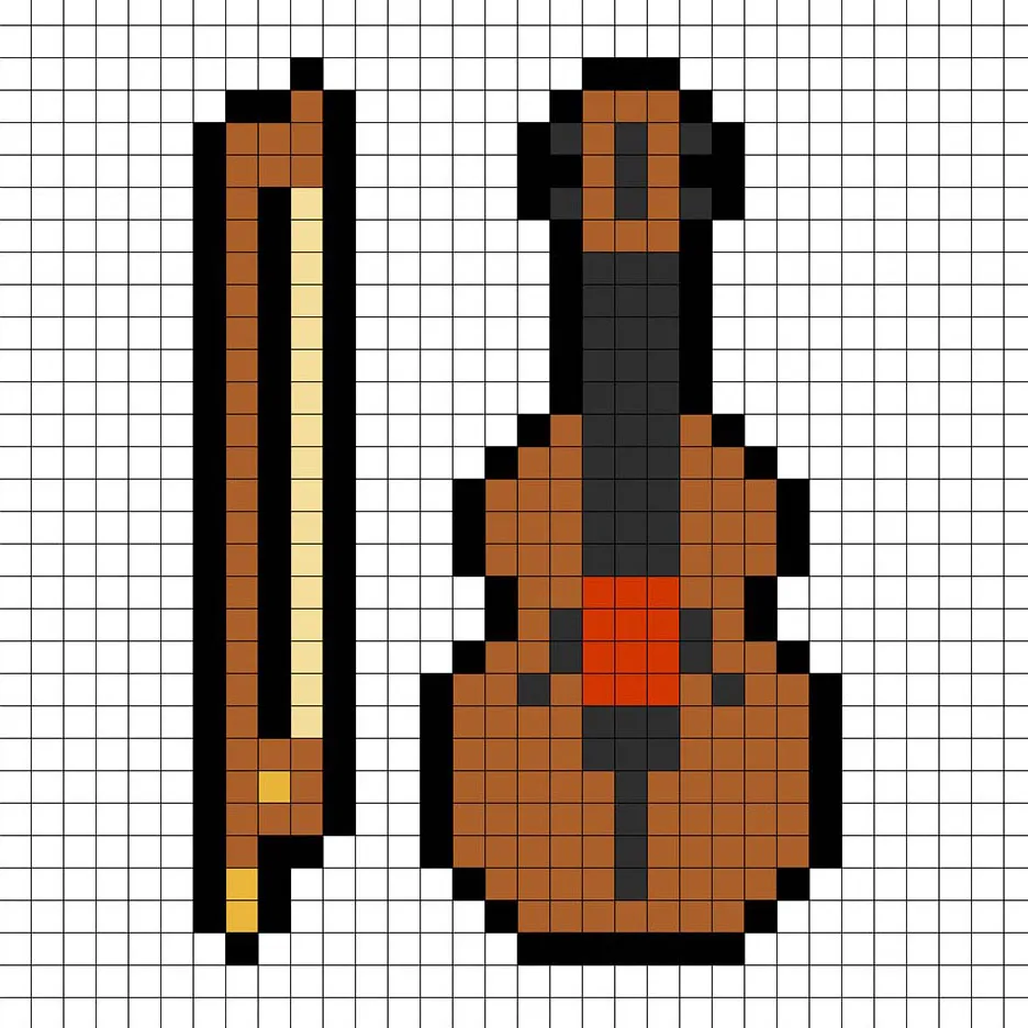 Violín en pixel art simple con colores sólidos