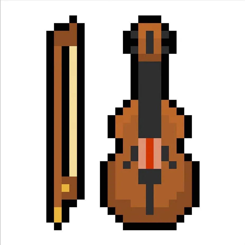 Violín en pixel art kawaii sobre un fondo transparente