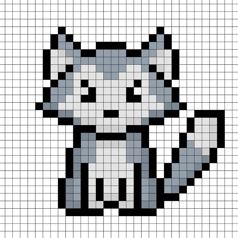 Lobo en pixel art de 32x32 píxeles con sombras para dar profundidad a el lobo.