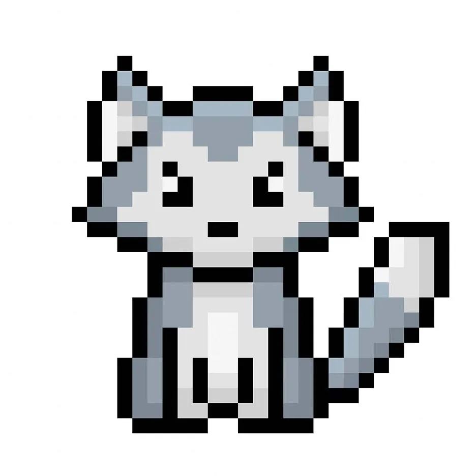 Lobo en pixel art kawaii sobre un fondo transparente