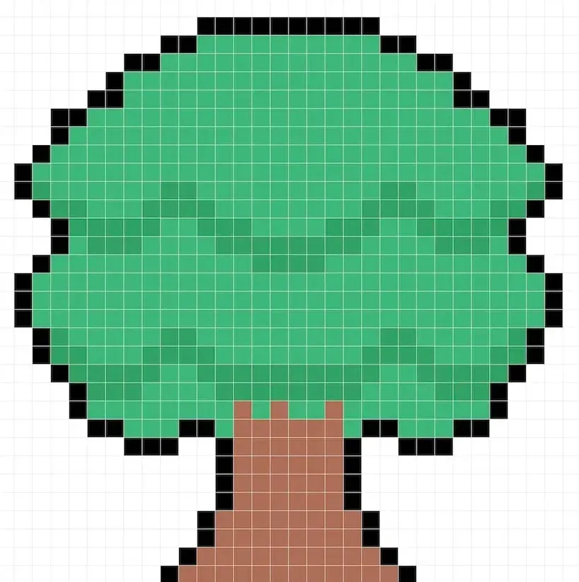 Arbre en pixel art 32x32 avec des ombres pour donner de la profondeur à le Arbre