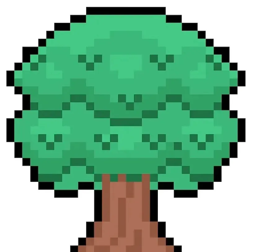 Arbre en pixel art kawaii sur un fond transparent