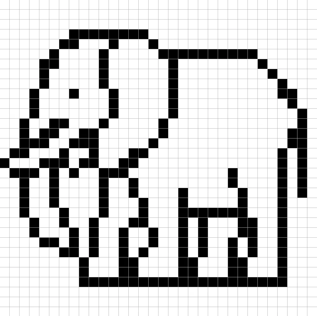 An outline of the pixel art African elephant grid similar to a spreadsheet