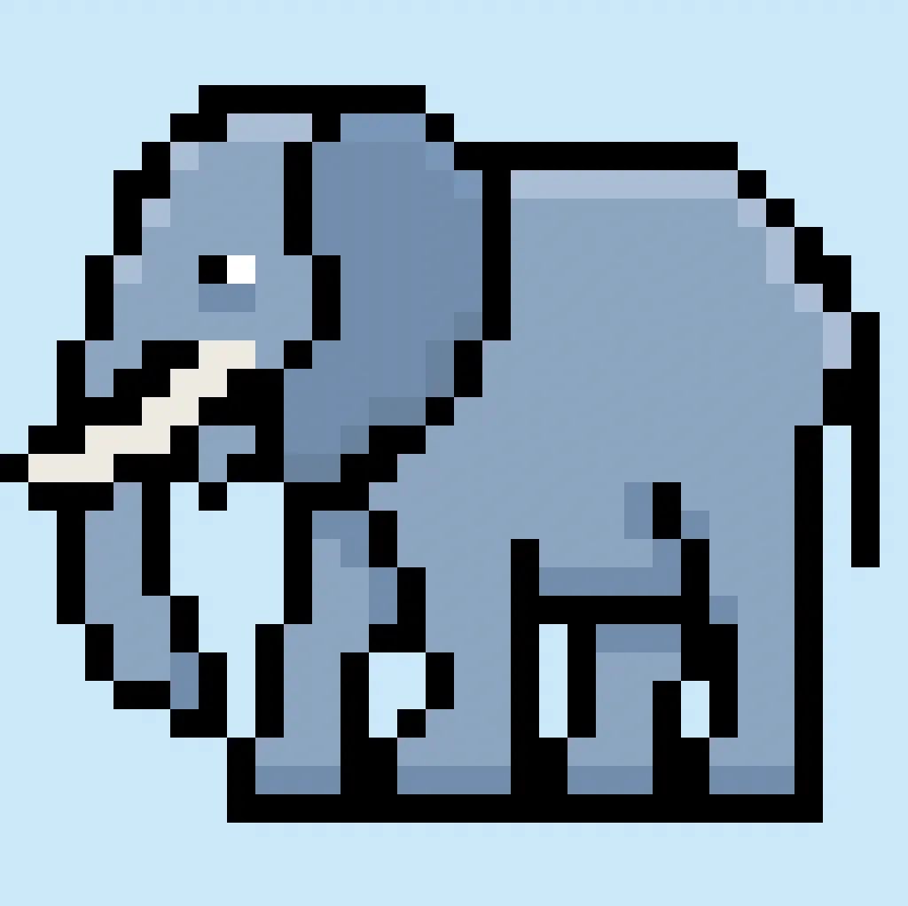 Tierno elefante africano en pixel art sobre fondo azul