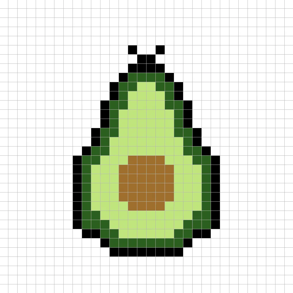 Avocat en pixel art simple avec des couleurs unies