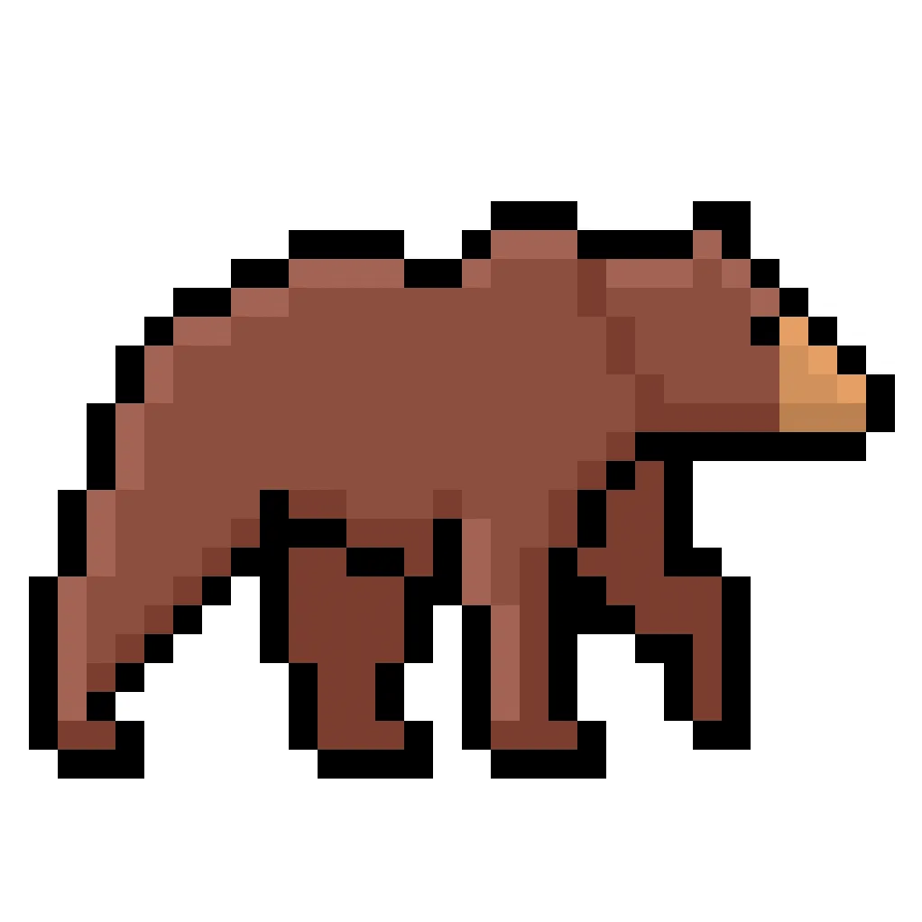 Kawaii pixel art grizzly bear on a transparent background