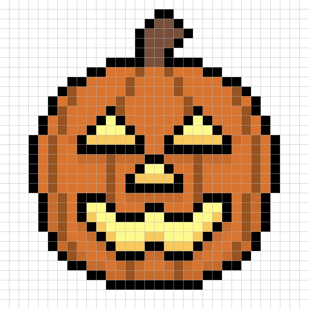 Calabaza de Halloween en pixel art de 32x32 píxeles con sombras para dar profundidad a la calabaza de Halloween.