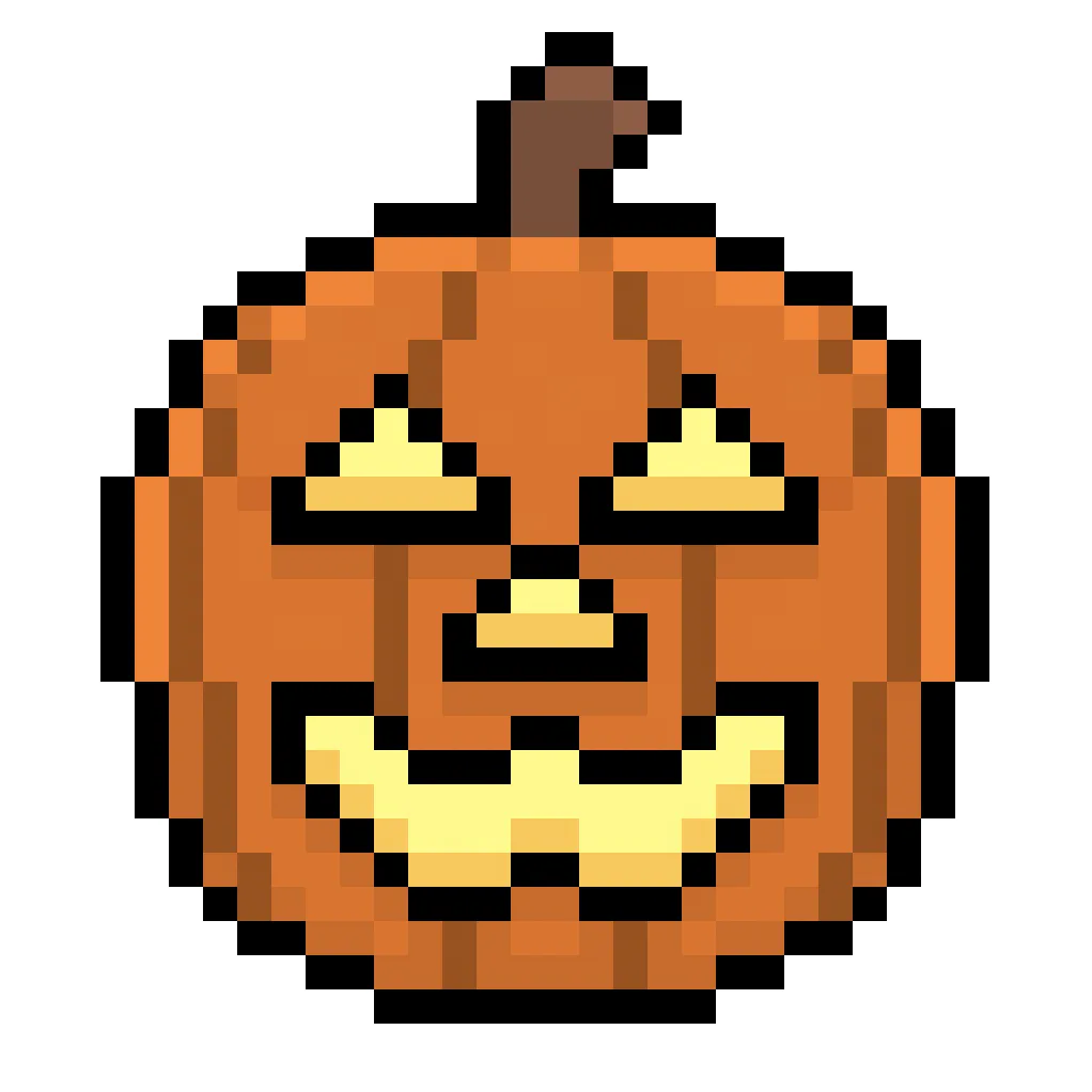 Calabaza de Halloween en pixel art kawaii sobre un fondo transparente