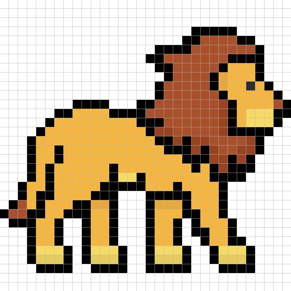 Lion en pixel art 32x32 avec des ombres pour donner de la profondeur à le Lion