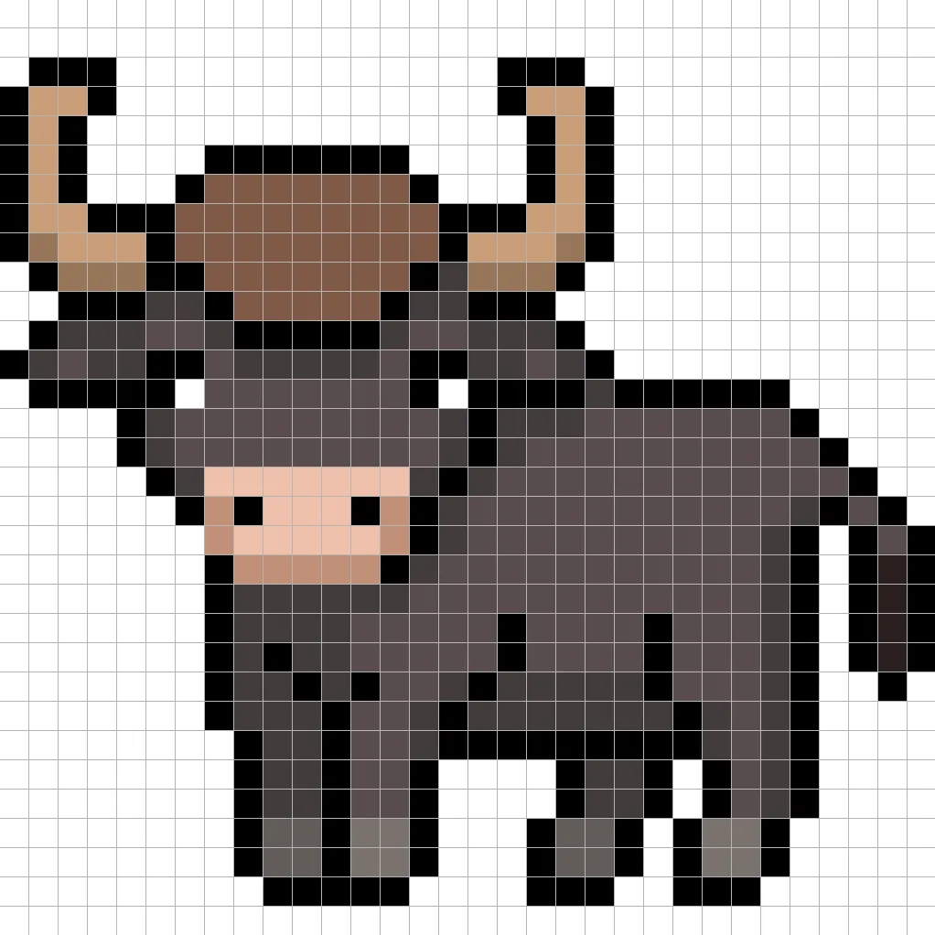 32x32 Pixel art baby bull with shadows to give depth to the baby bull