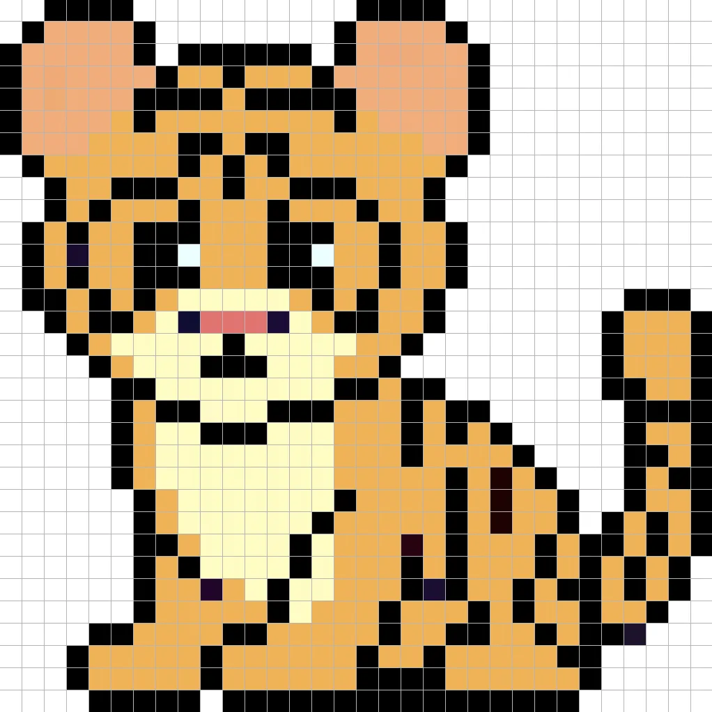 Tigre bebé en pixel art simple con colores sólidos