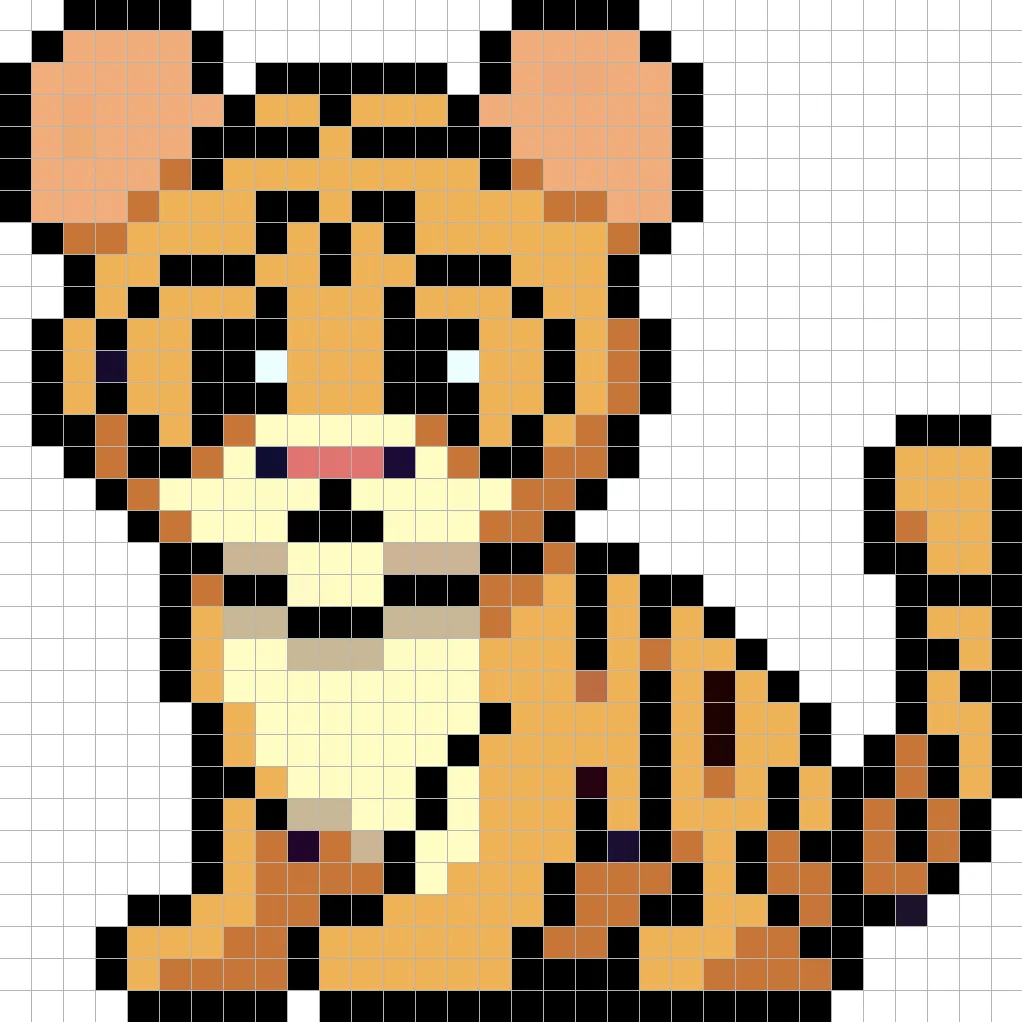 Tigre bebé en pixel art 32x32 con sombras para dar profundidad al tigre bebé