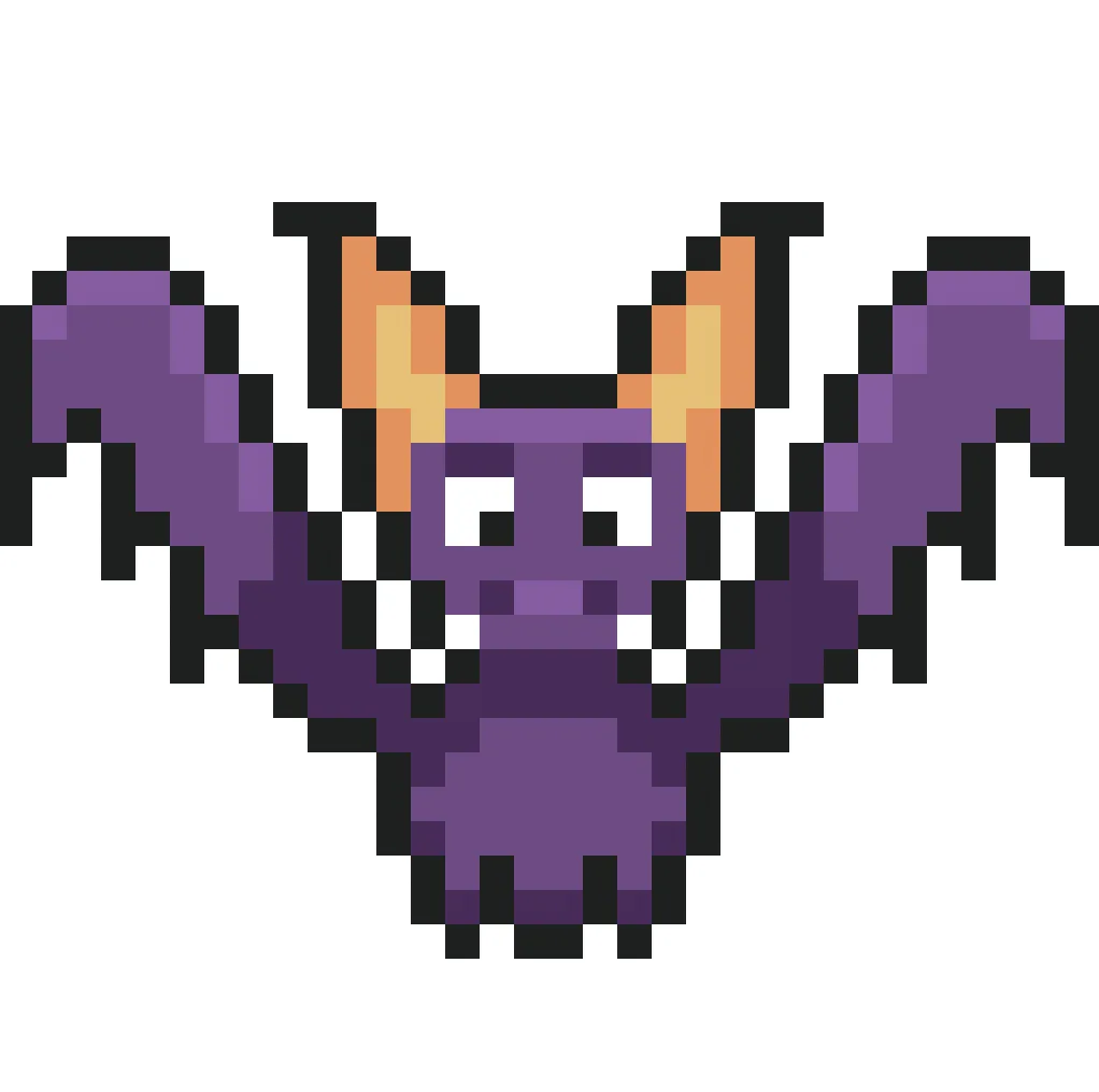 Kawaii pixel art bat on a transparent background