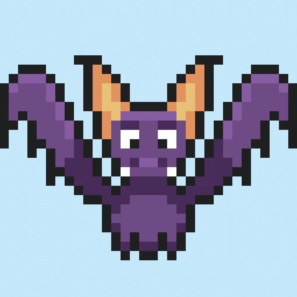 Chauve-souris en pixel art mignonne sur un fond bleu