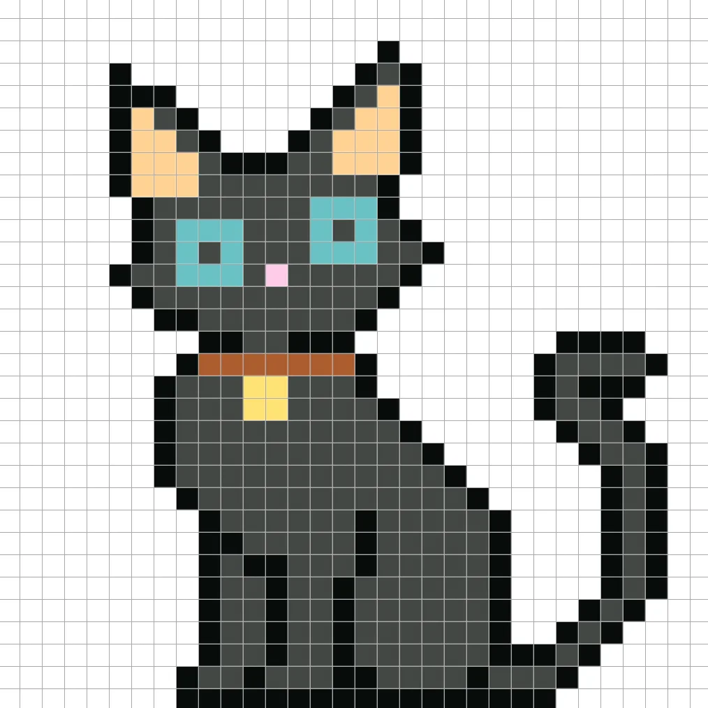 Simple pixel art black cat with solid colors