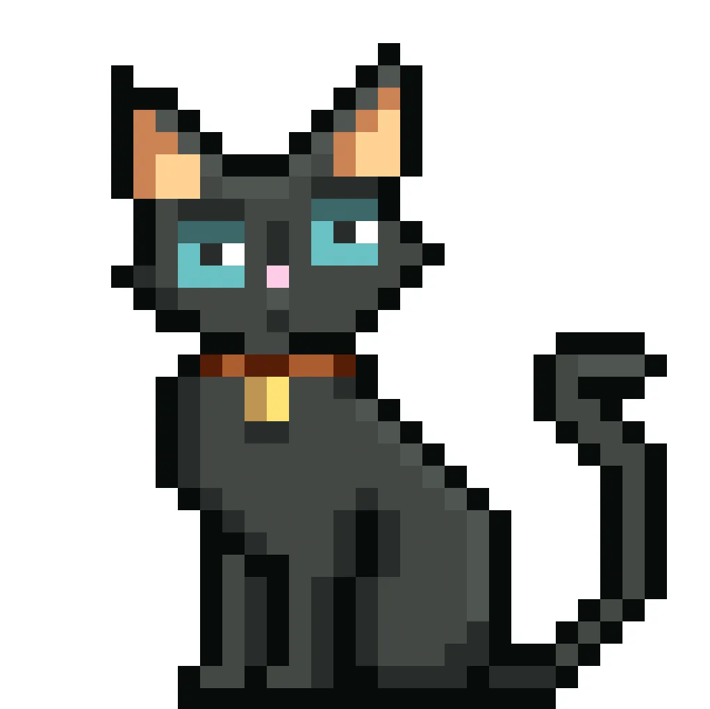 Kawaii pixel art black cat on a transparent background