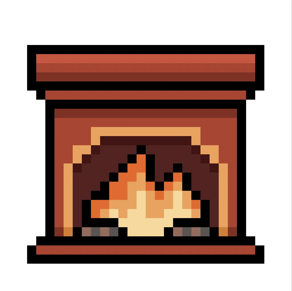 Kawaii pixel art fireplace on a transparent background