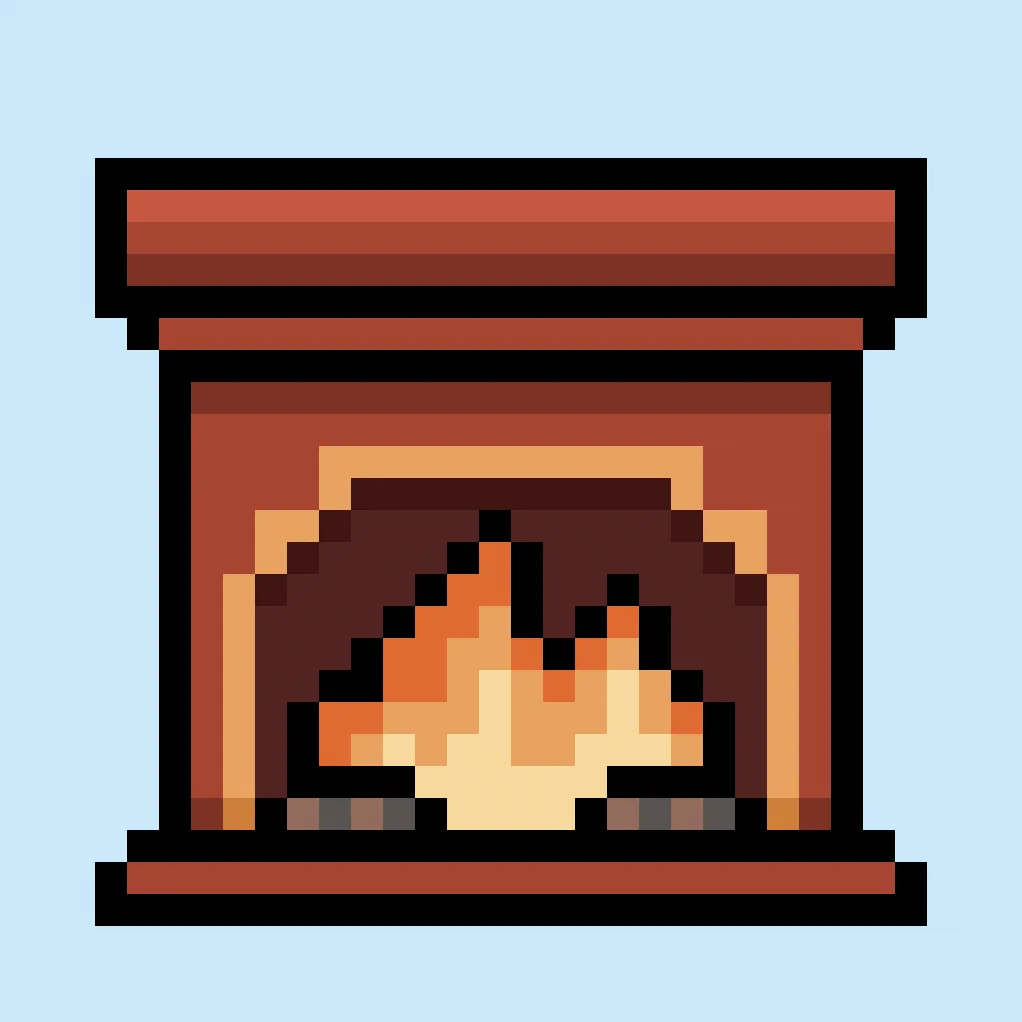 Cute Pixel Art fireplace on Blue Background