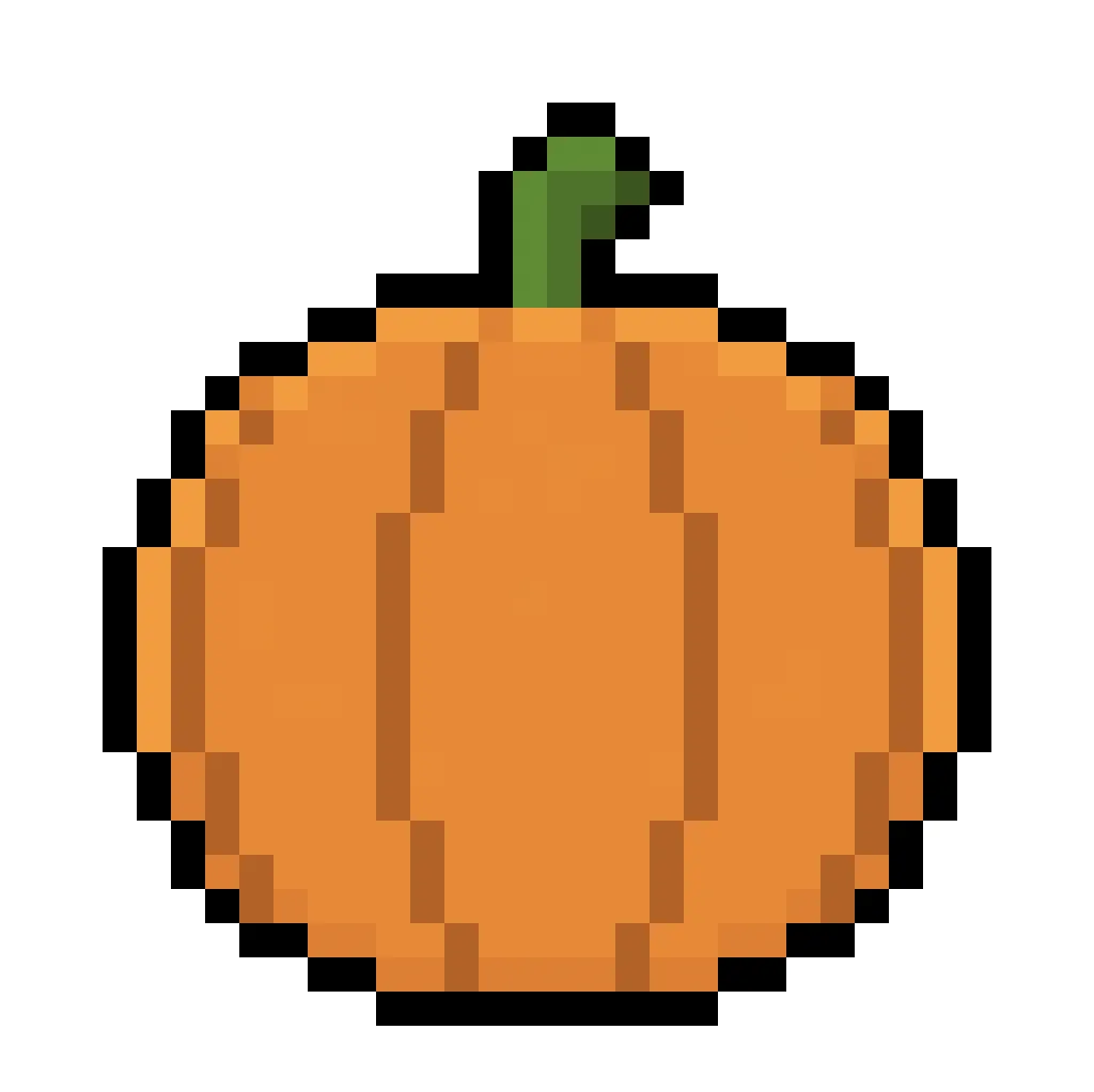 Kawaii pixel art pumpkin on a transparent background