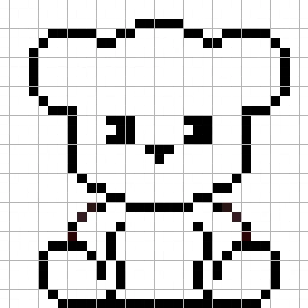 An outline of the pixel art teddy bear grid similar to a spreadsheet