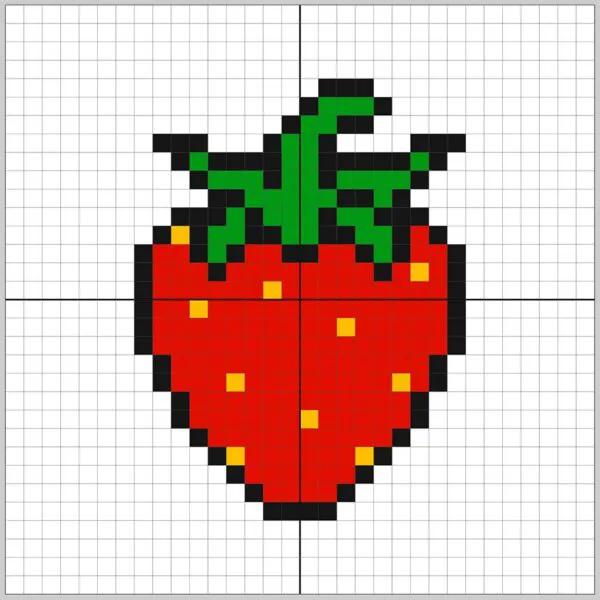 The strawberry pixel art with solid colors applied to it